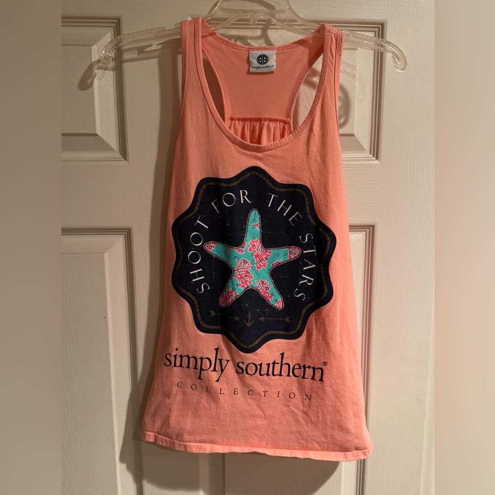 Simply Southern Coral Tank with Navy Badge & Teal Floral Star